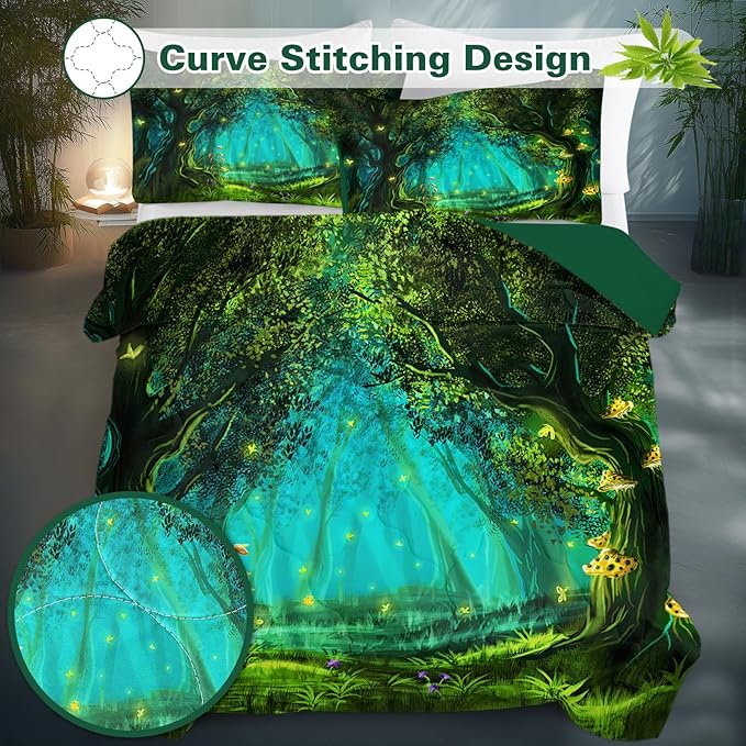 SOULZZZ Forest Comforter Set King Size Premium Microfiber Green Forest Mushroom Butterfly Flower Pattern Comforter 3 Piece Aesthetic Green Bedding Set with 2 Pillow Shams