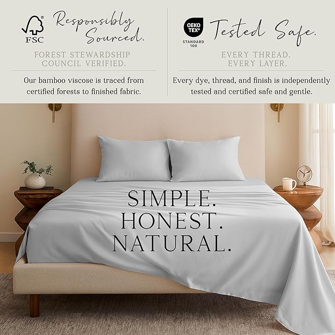 KARISSA MAE Cooling Bamboo Viscose Split King Sheet Set | 100% FSC Certified | 18” Deep Pocket | Silky, Soft, & Hypoallergenic | with Organizer Band & Elastic Corner Straps [Grey Mist]