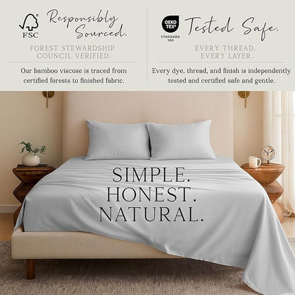 KARISSA MAE Cooling Bamboo Viscose Split King Sheet Set | 100% FSC Certified | 18” Deep Pocket | Silky, Soft, & Hypoallergenic | with Organizer Band & Elastic Corner Straps [Grey Mist]