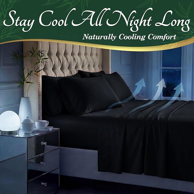 DECOLURE 100% Viscose Derived from Bamboo Sheets Full Size - Luxury 6 Pc Naturally Cooling Sheets, Ultra Soft Bed Set - Deep 17" Pockets, Durable Double Stitching, Oeko Tex Standard (Black)
