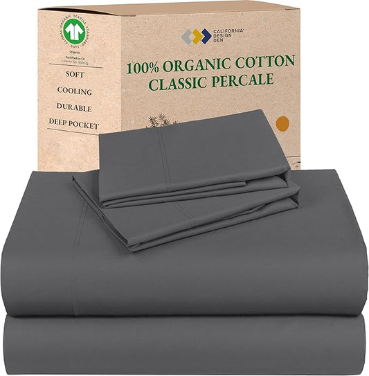 California Design Den King Bed Sheets Set - Soft 100% Organic Cotton Sheets with Deep Pockets, Crisp Percale, Breathable and Durable Bedding Set - Grey