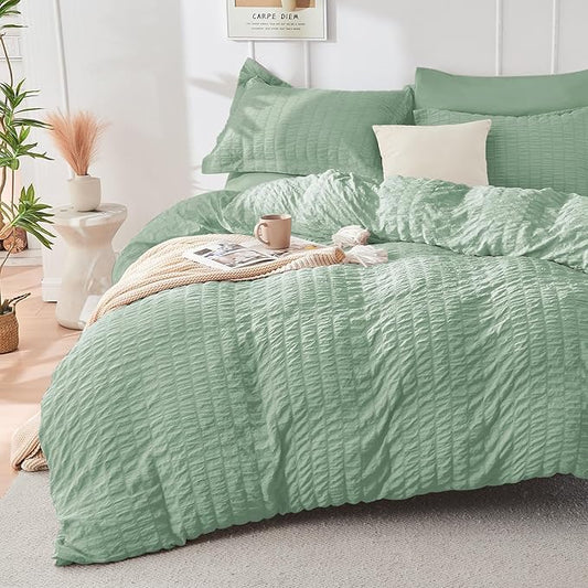 HYMOKEGE Sage Green Duvet Cover Full Size, Ultra Soft 3-Piece Seersucker Duvet Cover Set with Zipper Closure, Soft Brushed Microfiber Bedding Set with 8 Corner Ties (80"x90", 2 Pillowshams)