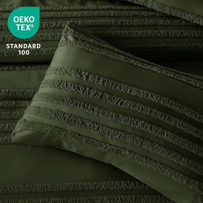 BEDELITE Boho King Size Comforter Set - Olive Green Tufted Striped Bed Set 3 Pieces, Soft Vintage Farmhouse Comforter for All Seasons, Boho Home Decor,Fluffy Jacquard Bedding with Pillow Sham