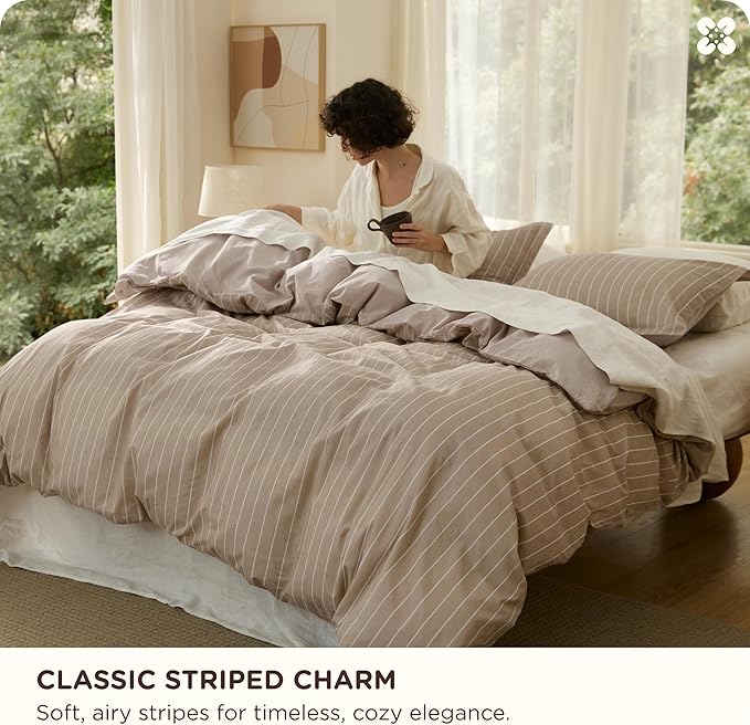 Bedsure Striped Duvet Cover King Size, 100% Washed Cotton PureWoven Duvet Cover Linen Like Textured, Classic Striped Pattern Enhances Bedroom Comfort and Style, Stripes Tan/White, 104"x90"