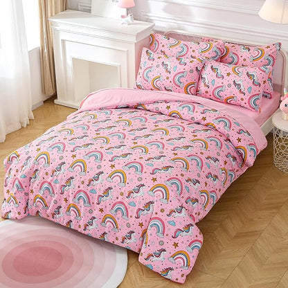 Glow in The Dark Kids Comforter Set, 5 Pieces Pink Unicorn Bedding Set Twin Size for Boys Girls Teen, 1 Comforter, 1 Pillowcase, 1 Pillow Sham,1 Flat Sheet, 1 Fitted Sheet