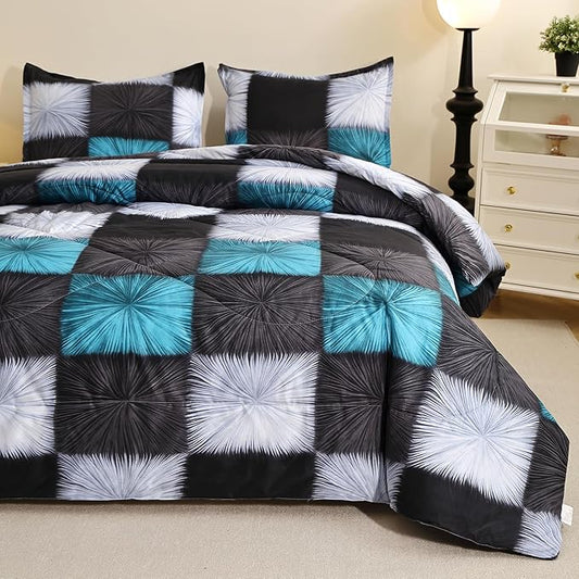 Caressma Black and White Checkered Comforter Bedding Set Queen (90x90 Inch), 3 Pieces Queen Size Blue White Plaid Comforter Set, Fluffy Black Grid Home Decor for All Seasons