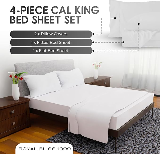California King Sheet Sets – 4Pcs Cal King Bedding Set, Deep Pocket, Double Brushed Microfiber, Fade Resistant, Soft & Breathable Bed Sheets for Ultimate Comfort(White)
