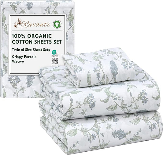 RUVANTI 100% Organic Cotton Sheets Twin XL, Percale Weave, GOTS Certified, 3-Piece Set, Deep Pocket 15", Crisp & Breathable, Soft Durable Bedding, Sábanas Algodón Orgánico – Vine Yard