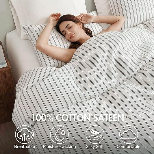 Bedbay Cotton Striped Duvet Cover Set King Size, Black & White Minimal Bedding Set, 100% Cotton Sateen,Soft Breathable Hotel Style Comforter Cover with Zipper Closure & Corner Ties