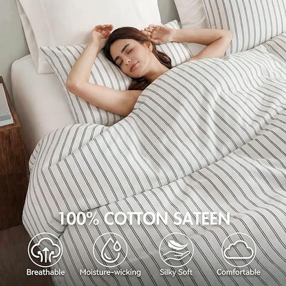 Bedbay Cotton Striped Duvet Cover Set Queen Size, Black & White Minimal Bedding Set, 100% Cotton Sateen,Soft Breathable Hotel Style Comforter Cover with Zipper Closure & Corner Ties