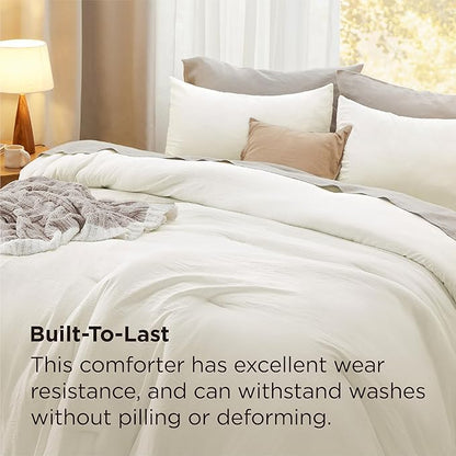 Bedsure Full Comforter Set, Ivory Soft Prewashed Bedding for All Seasons, 3 Pieces GentleSoft™ Bed Set, 1 Lightweight Comforter (82"x86") and 2 Pillowcases (20"x26")