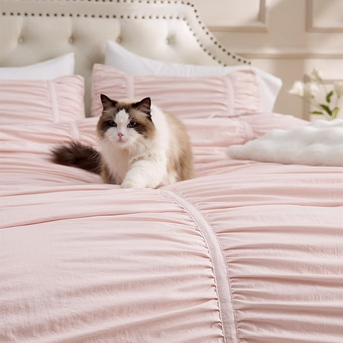 Bedsure Ruched Comforter Set with Bow Trim Pink, GentleSoft™ 3 Pieces Bow Shabby Chic Bedding Pink Room Decor, Queen Boho Bedding for Girls Teens Women, 1 Bed Comforter, 2 Pillow Shams, 90x90 Inches