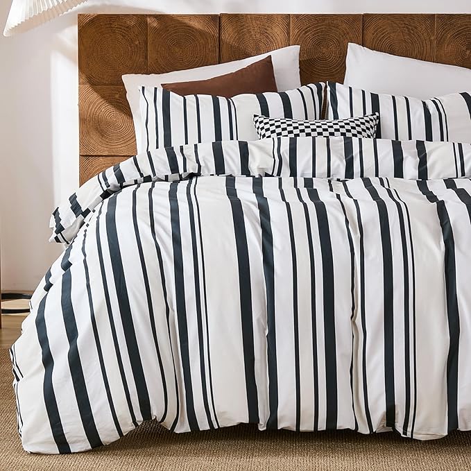 Merryword Black and White Striped Duvet Cover Set King Size - 100% Cotton Duvet Cover Set with Vertical Stripe Design, Soft Breathable Comforter Cover for All Seasons