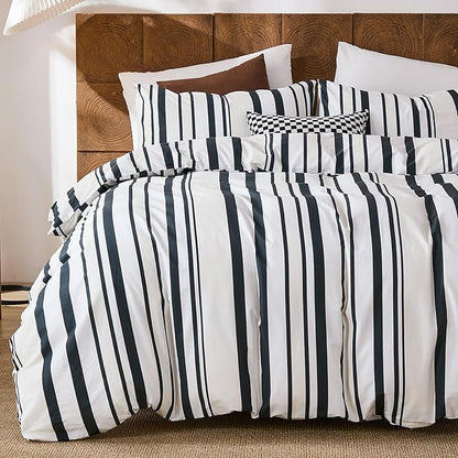 Merryword Black and White Striped Duvet Cover Set Queen Size - 100% Cotton Duvet Cover Set with Vertical Stripe Design, Soft Breathable Comforter Cover for All Seasons