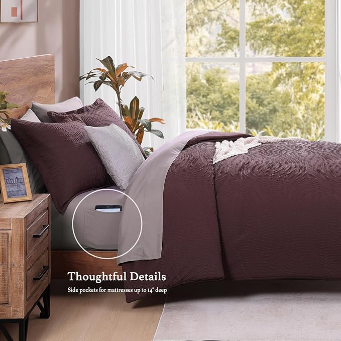 Geniospin Twin Comforter Set - 5 Pieces Purple Bedding Set, Botanical Textured Comforter Set, All Season Comfortable Bed in a Bag with Comforter, Sheets, Pillowcase & Sham