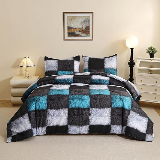 Caressma King Comforter Set Black and Blue (104x90 Inch), 3 Pieces Buffalo Plaid Black and White Checkered Comforter Bedding Set, Stylish Geometric Plaid Fluffy Home Decor for All Seasons