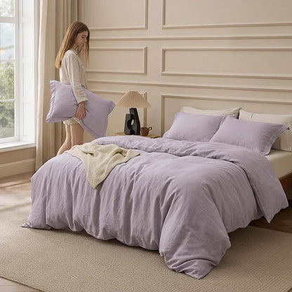 Bedsure 100% Washed Cotton Duvet Cover Queen Size - Lavender Minimalist Bedding Set Linen Like - PureWoven Plain Simple & Soft Comforter Cover for All Seasons (Lavender, Queen, 90"x90")