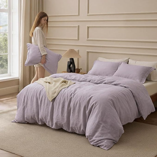 Bedsure 100% Washed Cotton Duvet Cover Queen Size - Lavender Minimalist Bedding Set Linen Like - PureWoven Plain Simple & Soft Comforter Cover for All Seasons (Lavender, Queen, 90"x90")