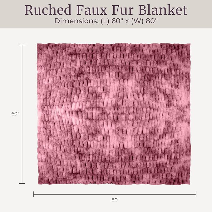 Lavish Home Oversized Ruched Faux Fur Blanket - 60x80-Inch Plush Polyester Faux Fur Queen-Size Throw for Sofas and Beds - Luxurious Bedding (Pink)