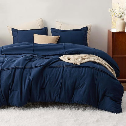 Bedsure Full Comforter Set with Sheet - 4 Pieces Soft Navy Blue Bedding, Grid Pinch Pleat, All Season Lightweight Fluffy Bed Set with Solid Boho Comforter, Pillowcases & Sheet