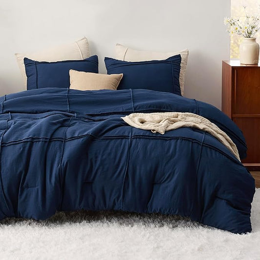 Bedsure Full Comforter Set with Sheet - 4 Pieces Soft Navy Blue Bedding, Grid Pinch Pleat, All Season Lightweight Fluffy Bed Set with Solid Boho Comforter, Pillowcases & Sheet