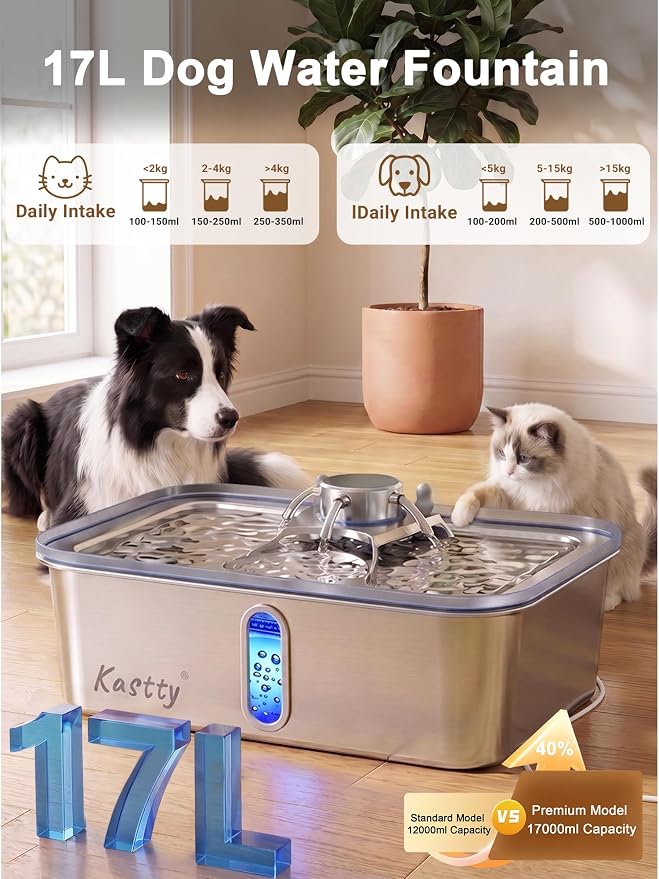 Kastty 17L/4.5Gal Stainless Steel Dog Water Fountain for Large Dogs | Large Capacity Pet Water Fountain,Quiet Automatic Dog Water Bowl Dispenser with LED Light, Easy to Clean for Multi-Pet FS84