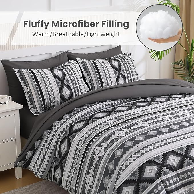 Dinjoy California King Comforter Set Size, Dark Gray Cal King Bed in a Bag Boho Black Bedding Sets Fall 7 Pieces Striped Oversized Bed Set with Comforters, Sheets, Shams for All Season