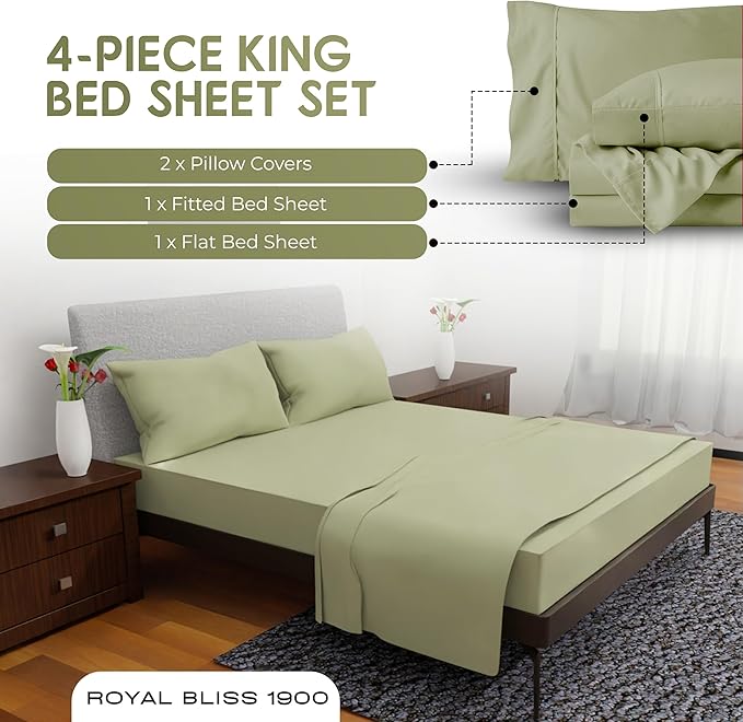 King Size Sheets - 4 Piece Bedding, Wrinkle Free, Cooling, Deep Pocket, King Size Bedding (Sage)