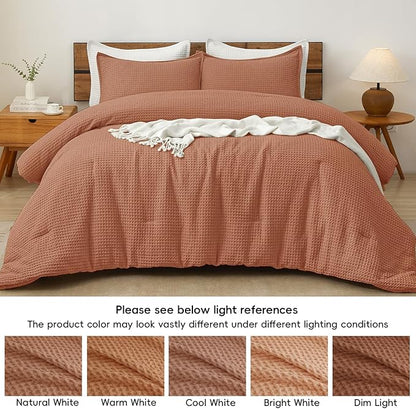 PHF Ultra Soft Waffle Weave Comforter Set Queen Size, 3 Pieces Lightweight Breathable Comfy Bedding Set, Comfy Textured 1 Comforter with 2 Pillow Shams, Terra Cotta