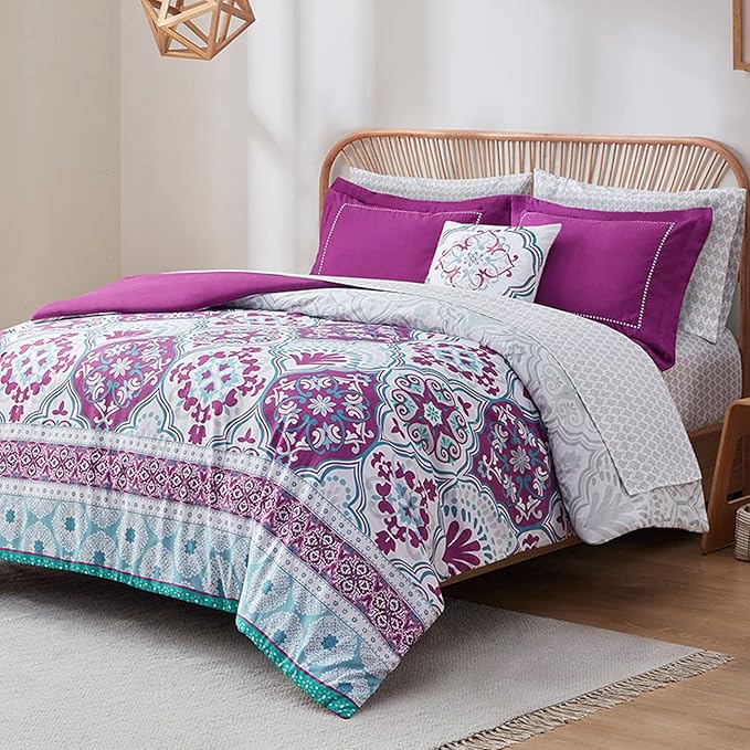 Degrees of Comfort Purple Comforter Set,Queen Boho Bedding Sets with Sheets,Bohemian Microfibe Bed in A Bag with Side Pockets, Matching Decorative Pillow, 8 Piece