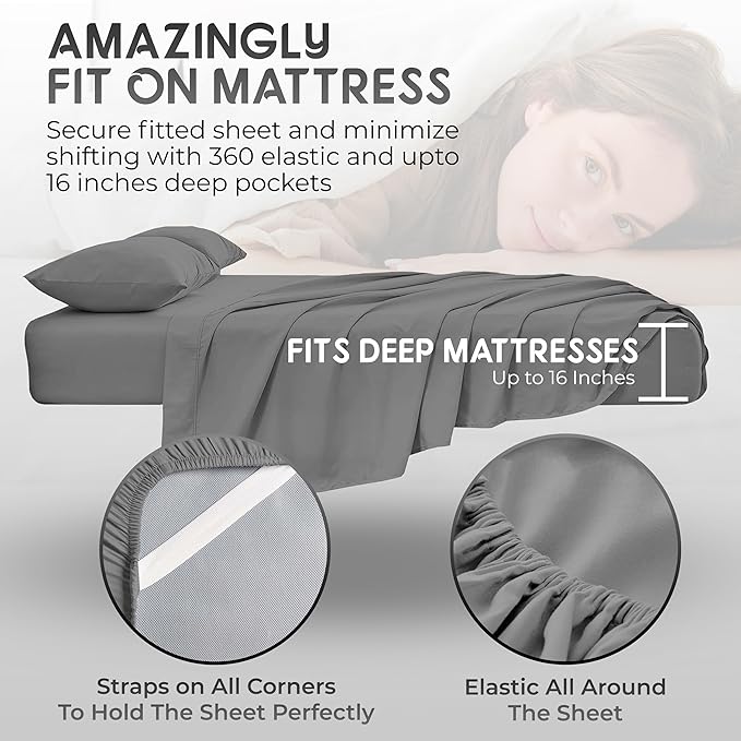 ROYAL BLISS TOP Split King Royal Collection 1900 Egyptian Cotton Bamboo Quality Bed Sheet Set with 1 Fitted Sheet with 36in Split TOP, 1 King Flat and 2 King P/Cases.No Wrinkle (Dark Gray)