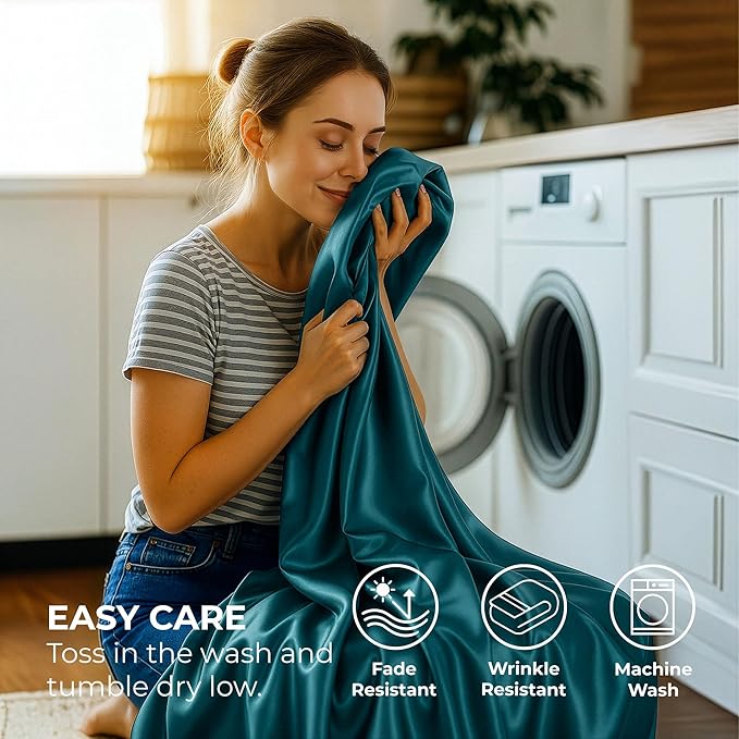 Pure Bedding Satin Sheets Full [4-Piece, Teal] Hotel Luxury Silky Bed Sheets - Extra Soft 1800 Microfiber Sheet Set, Wrinkle, Fade, Deep Pocket Fitted Sheet, Flat Sheet, Pillow Cases