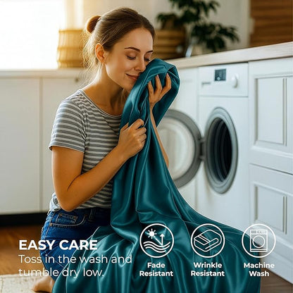 Pure Bedding Satin Sheets Full [4-Piece, Teal] Hotel Luxury Silky Bed Sheets - Extra Soft 1800 Microfiber Sheet Set, Wrinkle, Fade, Deep Pocket Fitted Sheet, Flat Sheet, Pillow Cases