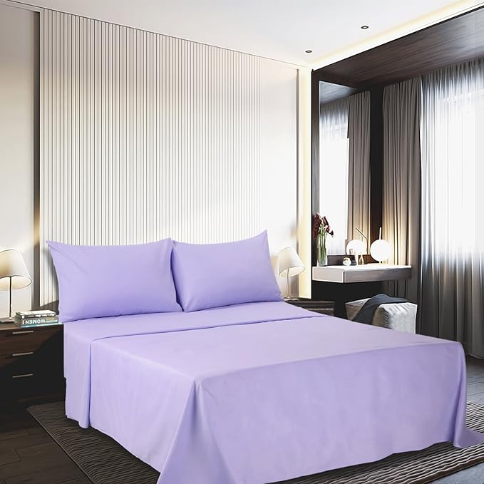 4 Piece Bed Sheet Set (Queen,Lavender) 1 Flat Sheet,1 Fitted Sheet and 2 Pillow Cases,Brushed Microfiber Luxury Bedding with Deep Pockets