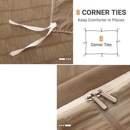HYMOKEGE Brown Duvet Cover King Size, Ultra Soft 3-Piece Seersucker Duvet Cover Set with Zipper Closure, Soft Brushed Microfiber Bedding Set with 8 Corner Ties (104"x90", 2 Pillowshams)