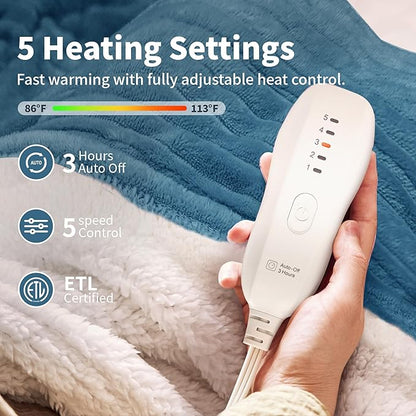 Heated Blanket Electric Throw 50”X60”-Heating Blanket with 5 Heat Settings-3 Hours Auto Off,ETL Certified,Machine Washable (Blue)