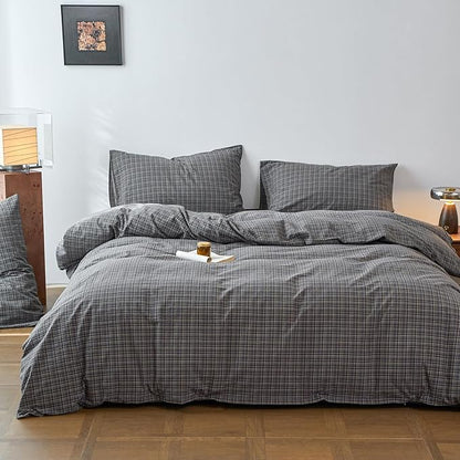 Plaid King Size Duvet Cover Grey Washed Cotton King Comforter Cover Patterned Soft Checkered Boho Duvet Cover Set with Hidden Zipper Vintage Cute Bedding Set Farmhouse Duvet Protector