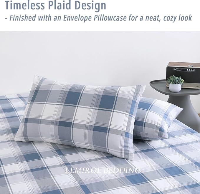 Vintage Cotton Comforter Queen Size 3Pcs - Classic Tartan Plaid Pattern with Denim Blue, Soft Gray and White, Lightweight Bedding Sets with Soft Fill(1 Comfoter 90"×90", 2 Pillowcases)