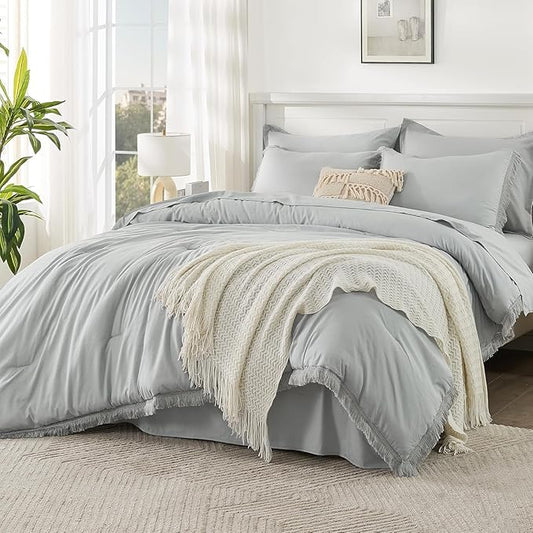 Andency Oversized King Comforter Set Light Grey 120x98-7 Pieces Boho Tassel Bed in a Bag Soft Lightweight Bedding Sets, Fringe All Season Bed Set with Comforter, Sheets, Pillowcases & Shams