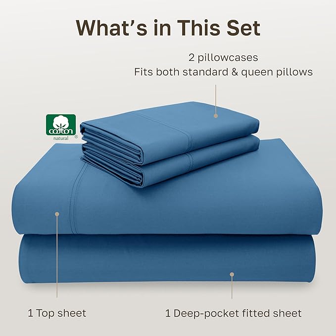 California Design Den Natural 100% Cotton Bed Sheets Full Size Set - Luxury 600 Thread Count Sateen, Fully Elasticized Deep Pockets, Crisp and Durable - Parisian Blue