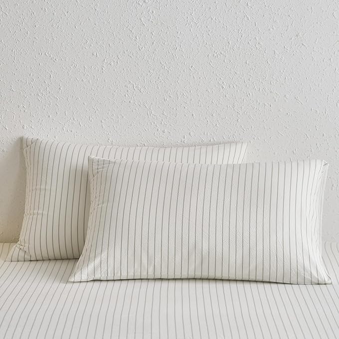 MooMee Bedding Pillowcases Striped Pack of 2 100% Washed Cotton Linen Like Textured Breathable Durable Soft Comfy (White Sage Green Wide Stripes, King)