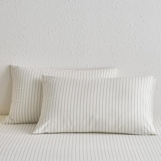 MooMee Bedding Pillowcases Striped Pack of 2 100% Washed Cotton Linen Like Textured Breathable Durable Soft Comfy (White Sage Green Wide Stripes, King)