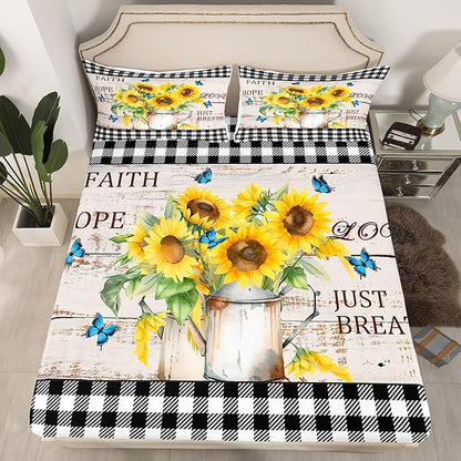 Yellow Sunflowers Bed Sheets Set Rustic Farmhouse Style Fitted Sheet Black White Plaid Bedding Set for Bedroom Decor Retro Gingham Sheets (Full Flat Sheet & Fitted Sheet with 2 Pillow Case)