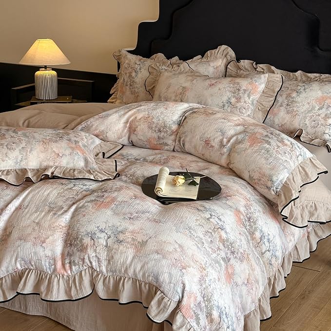 VM VOUGEMARKET Muslin Cotton Duvet Cover Set King Shabby Pink Flower Duvet Cover with Ruffles Soft Linen Like Gauze Comforter Cover with Zip Closure and Corner Ties- 104"x90"