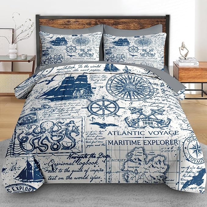 Comforter Set Queen Size, Nautical Anchor Sailor Grey 7 Pcs Bedding for Kids and Adults, Ocean Vintage Sea Bed Sheet Sets with Fitted Sheet 2 Pillowcases & 2 Shams for Bedroom Bed Decor