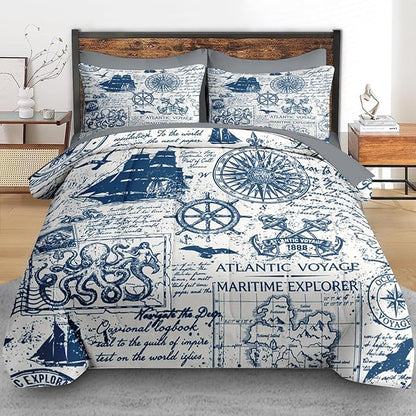 Comforter Set King Size, Nautical Anchor Sailor Grey 7 Pcs Bedding for Kids and Adults, Ocean Vintage Sea Bed Sheet Sets with Fitted Sheet 2 Pillowcases & 2 Shams for Bedroom Bed Decor