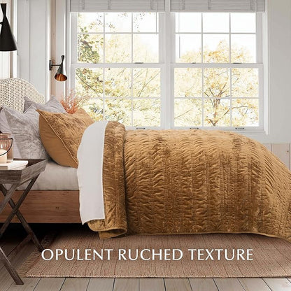 EVERGRACE Luxury Ruched Velvet Quilt King Size, Ultra Soft Bedspread Coverlet Set, Lightweight Velvet Comforter, Quilted Bedding Cover with 2 Matching Shams for All Season, Gold Yellow