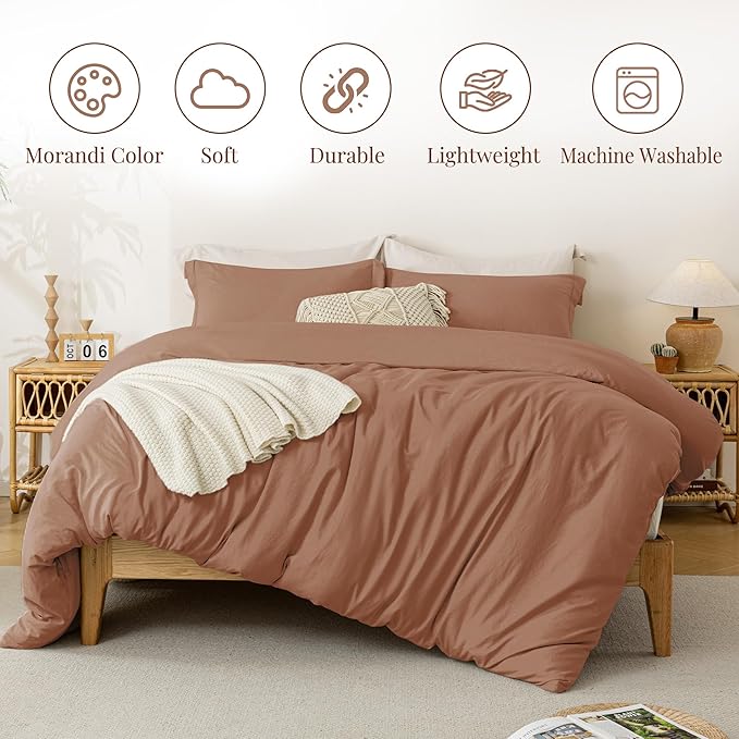 MILDLY Super Soft Duvet Cover - 100% Washed Microfiber Mocha Comforter Cover Set 3 Pieces with Zipper Closure & Corner Ties