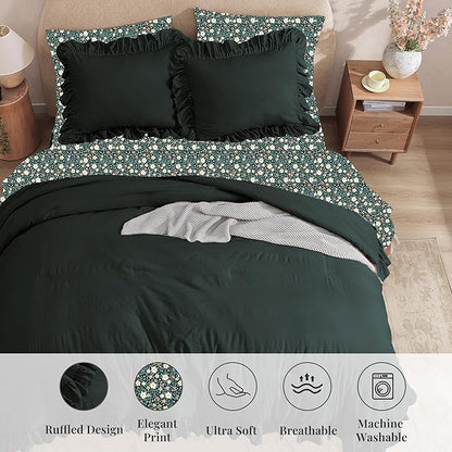 King Comforter Set - 7 Pieces Ruffle Forest Green Bedding Sets, Shabby Chic Farmhouse Bed in a Bag with Ruffle Comforter, Floral Sheets, Pillowcases & Shams