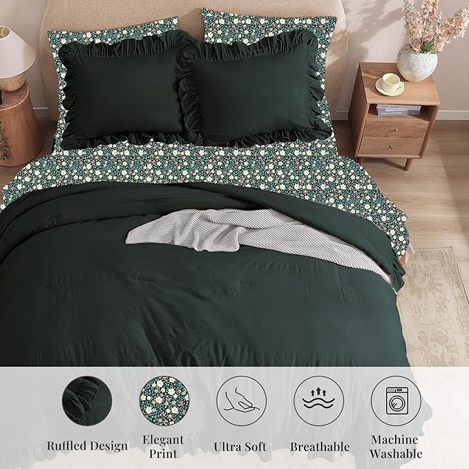 Twin XL Comforter Set - 5 Pieces Ruffle Forest Green Floral Bedding Sets, Shabby Chic Farmhouse Bed in a Bag with Ruffle Comforter, Floral Sheets, Pillowcase & Sham